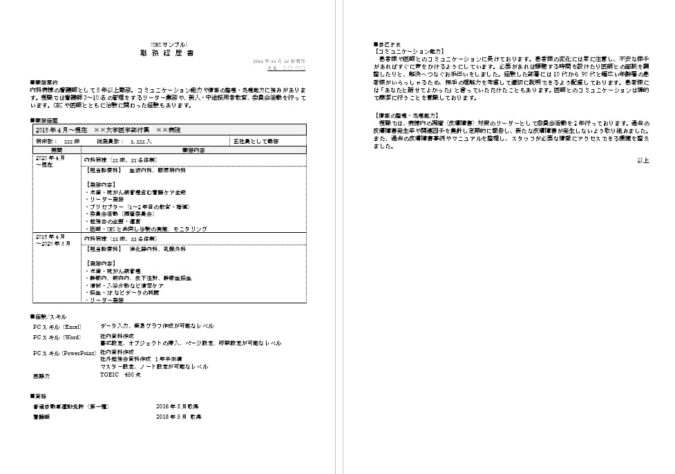 病棟看護師からCRC（治験コーディネーター）の職務経歴書例文